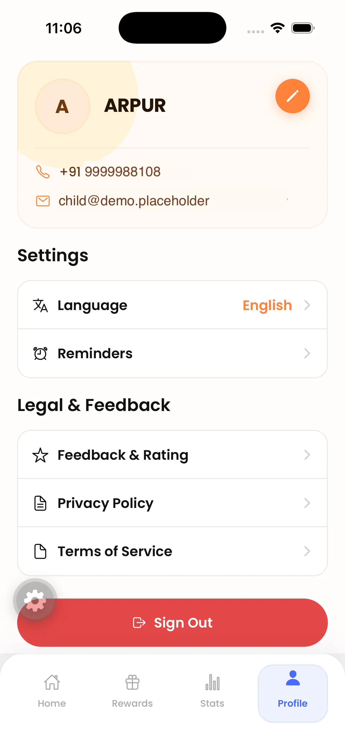IP Kids App profile screen with language and reminder settings, feedback, and privacy policy