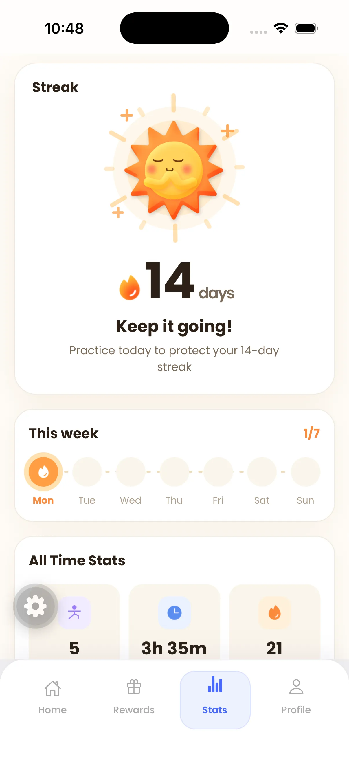 IP Kids App stats screen showing a 14-day practice streak, weekly progress, and all-time stats